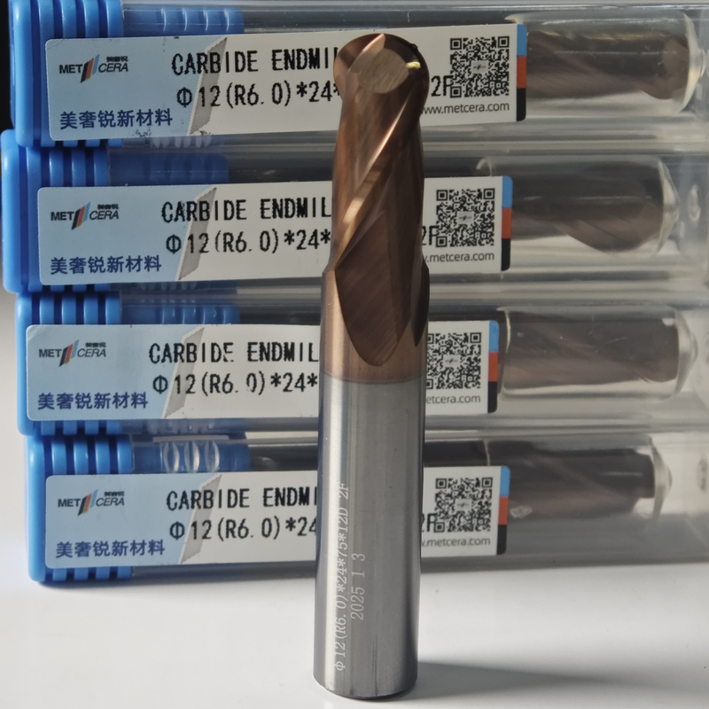 Esferas de Carbide Sólido Frigorífico 2 flautas R0.5-10 12mm Φ12.0 R6.0 X24x12Dx75mm Dureza HRC55-60 Revestimento AlCr Para acabamento